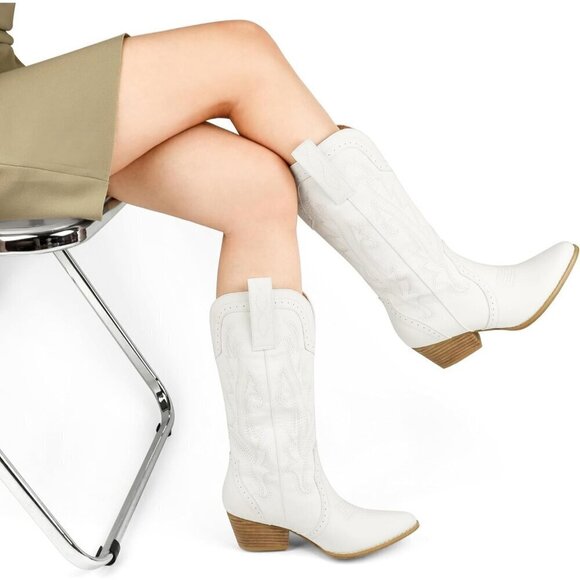 Women White Mid-calf Pointy Toe Embroidered Western Cowgirl Boots Chunky Heels - Picture 7 of 8